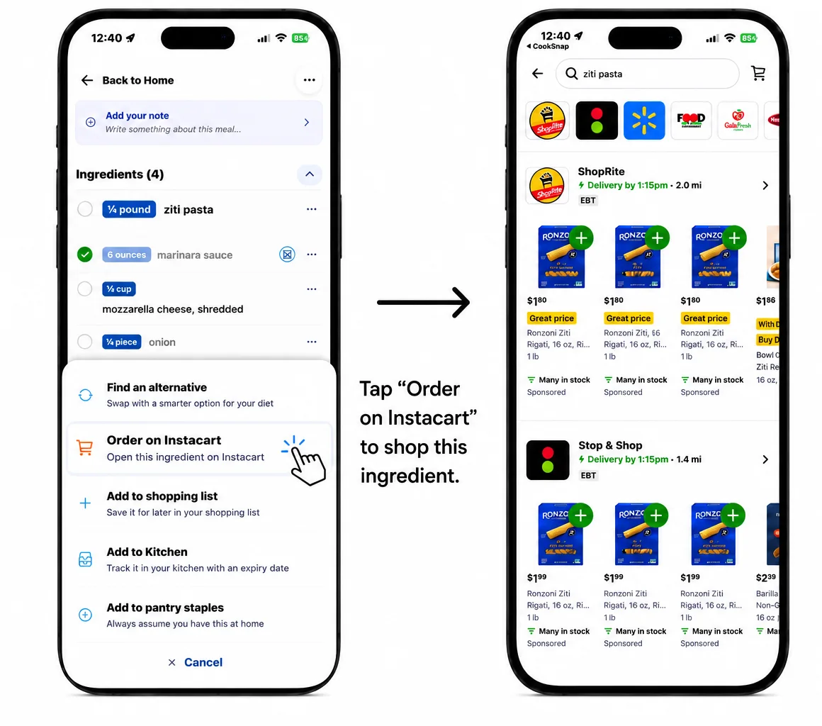 Custrd ingredient menu with 'Order on Instacart' selected, and the Instacart app open with that ingredient searched and ready to add to a cart
